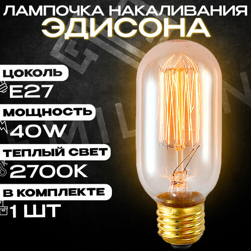 Лампа (лампочка) накаливания Эдисона Emilion Loft Edison T45 (E27, 40Вт, желтый свет)