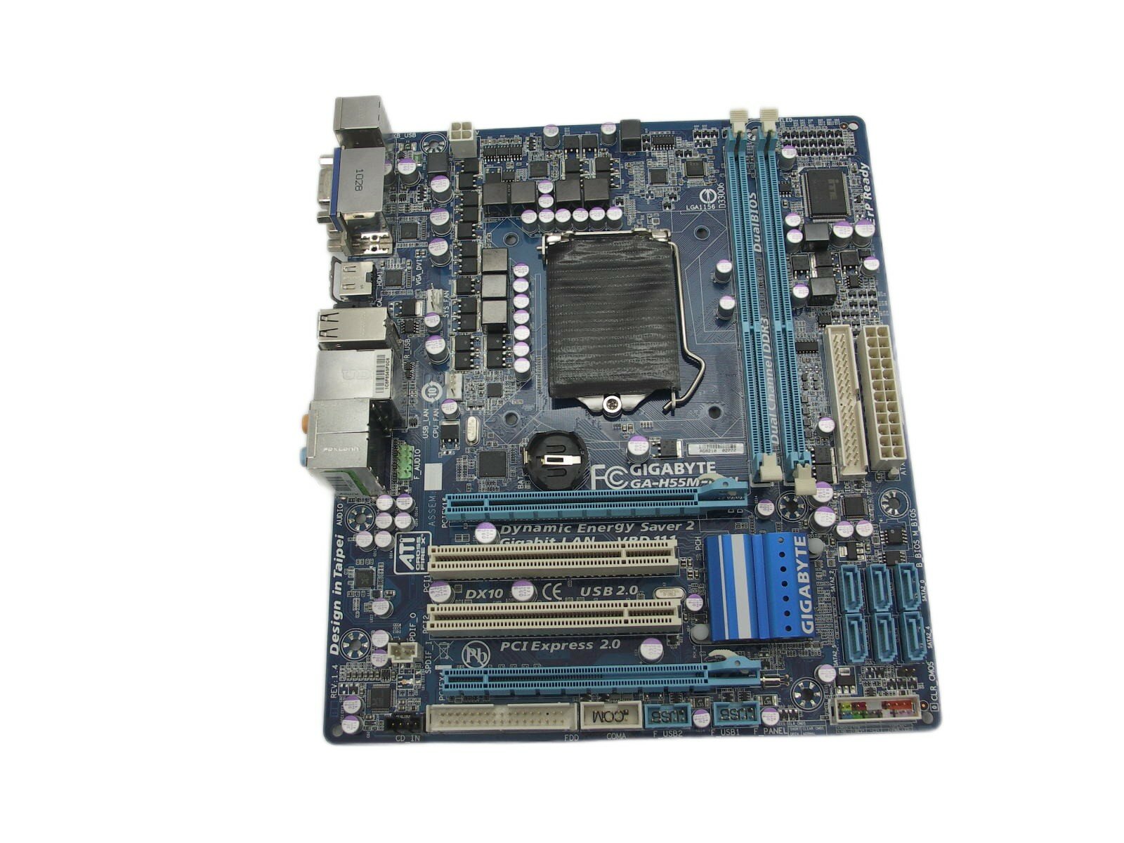 Материнская плата S-1156 Gigabyte GA-H55M-D2H REV:1.4, H55/2xDDR3/GbLAN/Sb/SVGA/DVI/HDMI/mATX, без планки