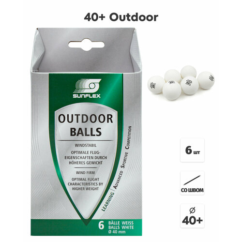 Мячи для настольного тенниса Sunflex 40+ Outdoor, бел. 6 шт.
