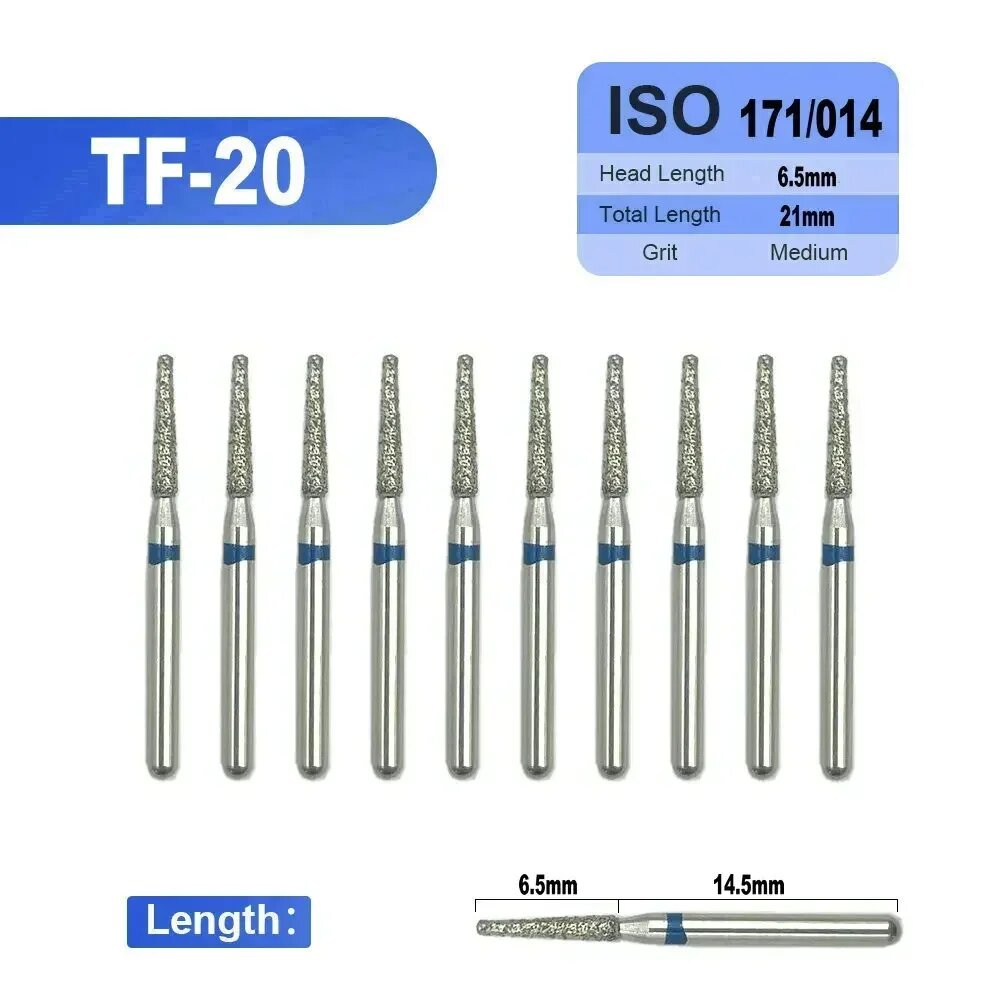 HussanDental алмазные боры для высокоскоростного наконечника TC/TF/TR, 10 шт, TF-20