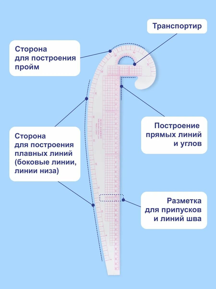 Лекало портновское для раскроя 'бочок', 47*12,5 см, метрическое, прозрачное, Hobby&Pro — фото 1