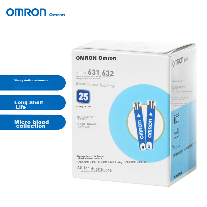 OMRON Blood Glucose Test Strips 631632 25 Strips  Lancets Compatible with 631631A Blood Glucose Meter for Home Use
