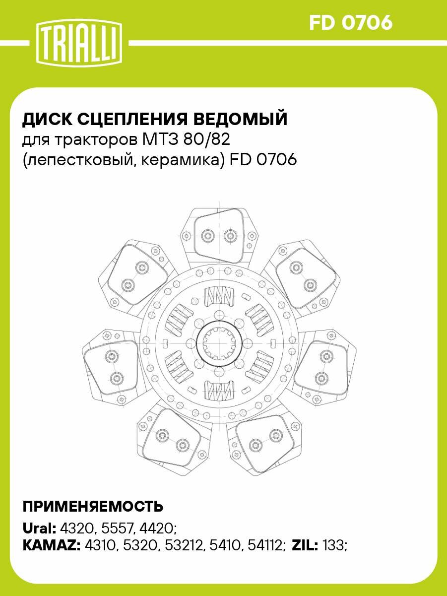 Диск сцепления ведомый для тракторов МТЗ 80/82 (лепестковый, керамика) FD 0706 TRIALLI