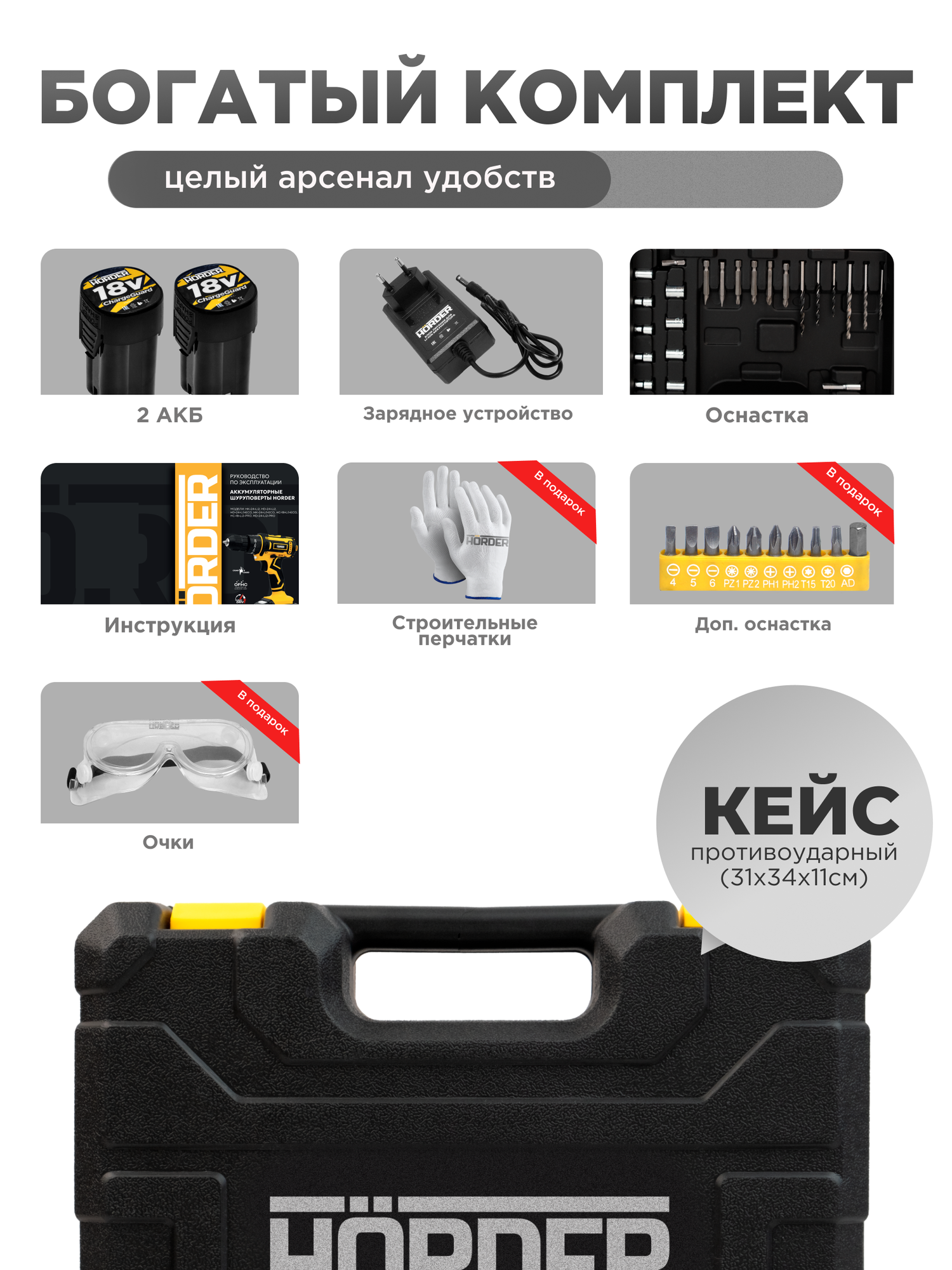Дрель-шуруповерт аккумуляторная Hörder HK-18 Li2 PRO бесщеточный ударный в кейсе, 2 аккумулятора 18 В, 2 Ач 3500 об/мин — фото 1