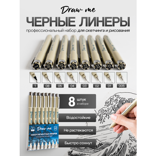 фото Draw me линеры пигментные для скетчинга рисования нейрографики, черные капиллярные ручки для письма, черчения набор 8 шт