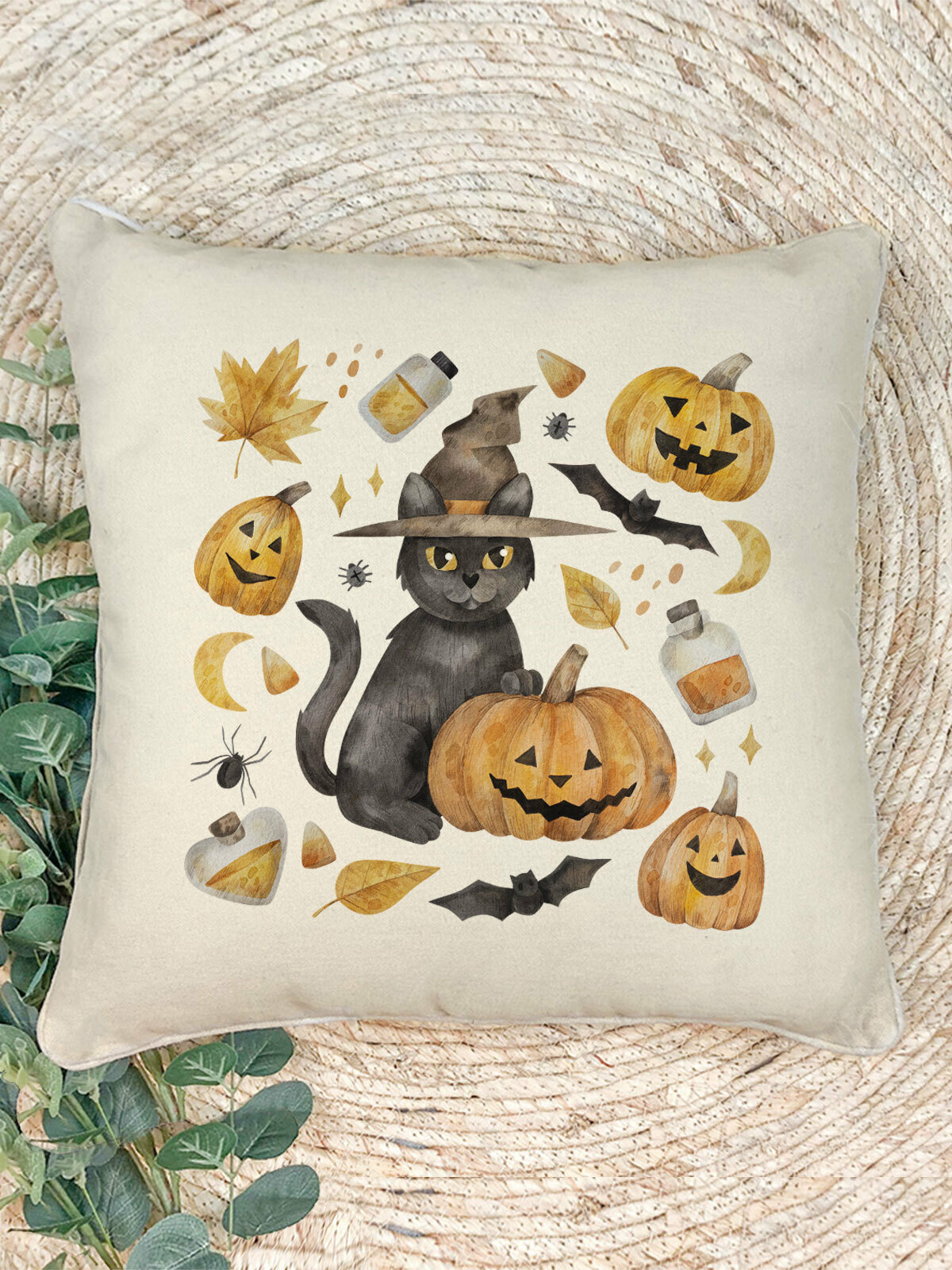Наволочка для декоративной подушки Gerasim "Кот в шляпе с тыквой", 41х41 см, эко-ткань хлопок/полиэфир, Хэллоуин, Halloween