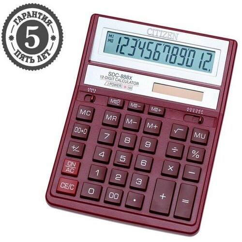 Калькулятор настольный Citizen SDC-888XRD, 12-разрядный, 158 х 203 х 31 мм, двойное питание, красный
