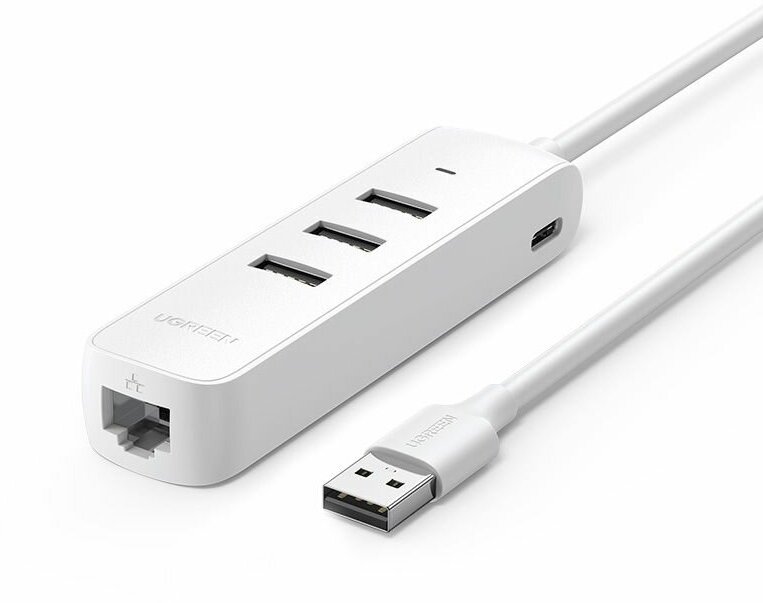 Адаптер UGREEN CM416 (20983) USB 2.0 to 3хUSB 2.0 + RJ45 (10/100Mbps) Ethernet Adapter. Цвет: белый