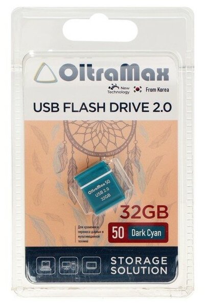 Флешка OltraMax 50, 32 Гб, USB2.0, чт до 15 Мб/с, зап до 8 Мб/с, т/зеленая