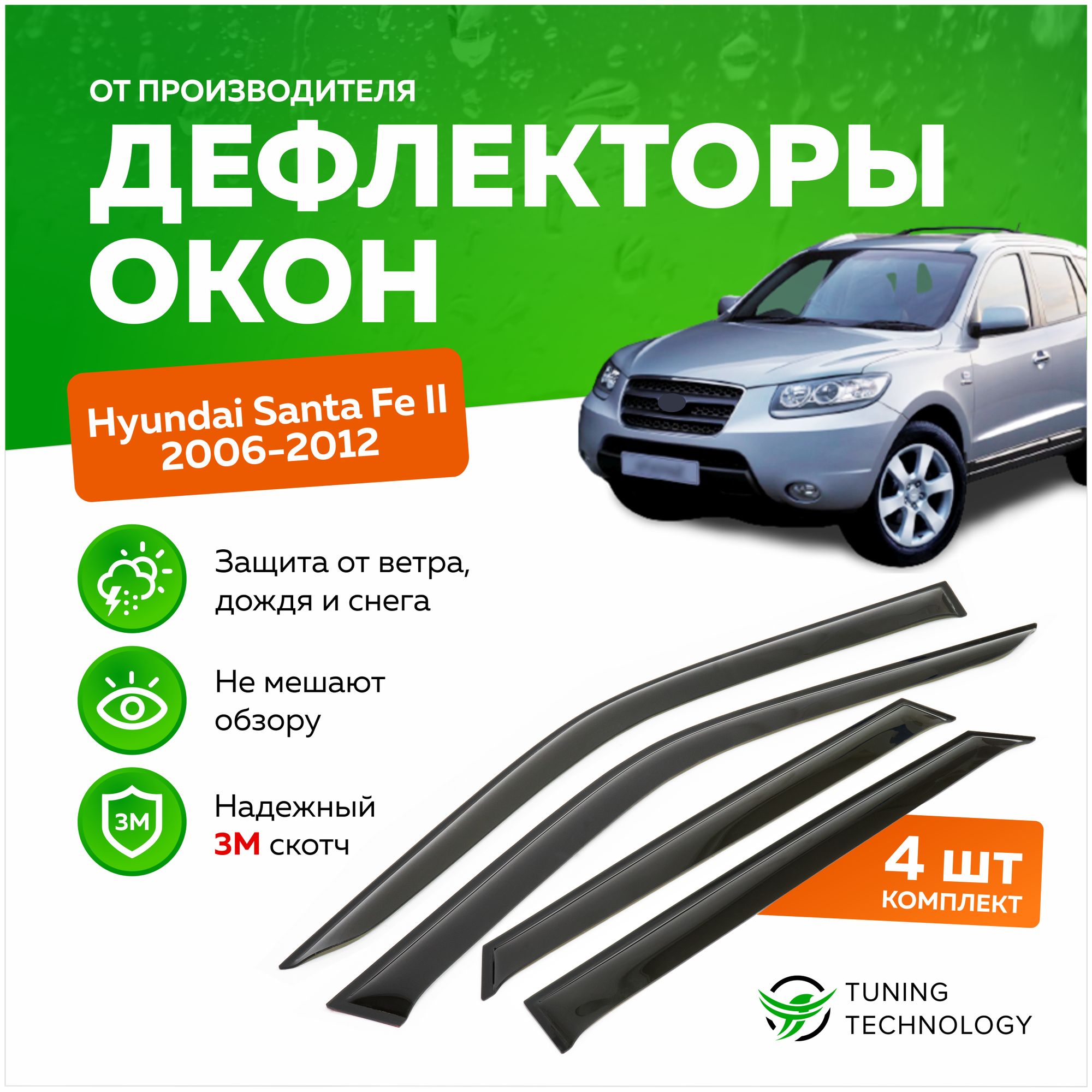 Дефлекторы боковых окон Hyundai Santa Fe 2 (Хендай Санта Фе) 2006-2012 ветровики на двери автомобиля ТТ