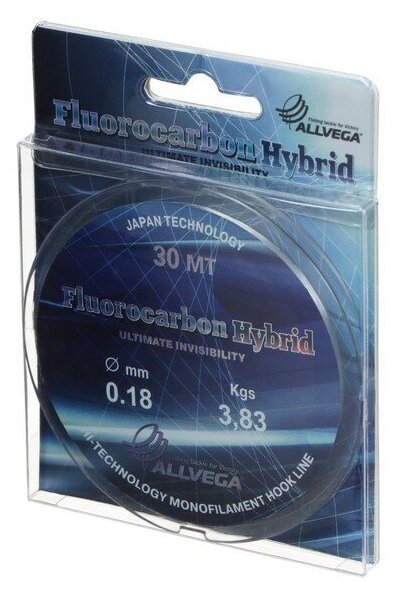 Леска монофильная ALLVEGA "Fluorocarbon Hybrid" 30м 0,18мм, 3,83кг, флюорокарбон 65%