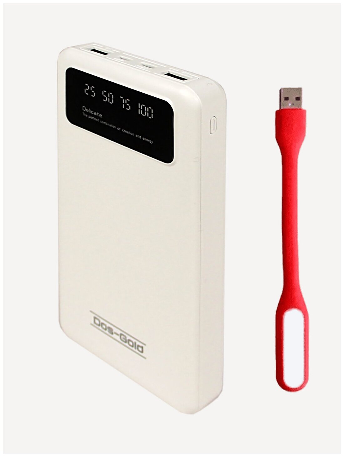Внешний аккумулятор (Power Bank) Dos-Gold 20000 mAh + фонарик, белый, ААА-102 + мини-лампа USB