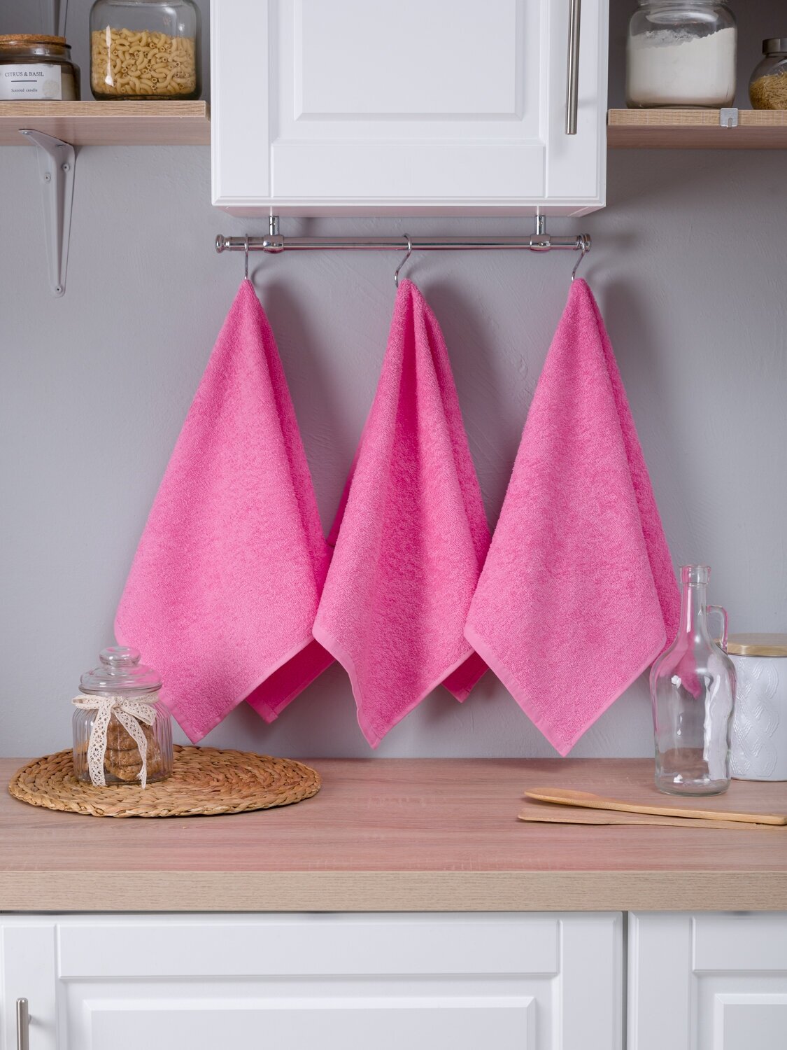 Набор полотенец BIO-TEXTILES махровых 3 шт 40*70 розовый кухонный для лица рук ванной комплект в подарок 100% хлопок