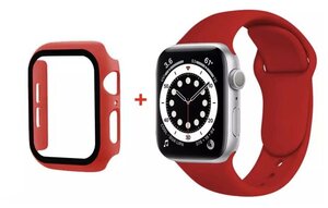 Чехол для Apple Watch 42mm со стеклом + силиконовый ремешок, красный