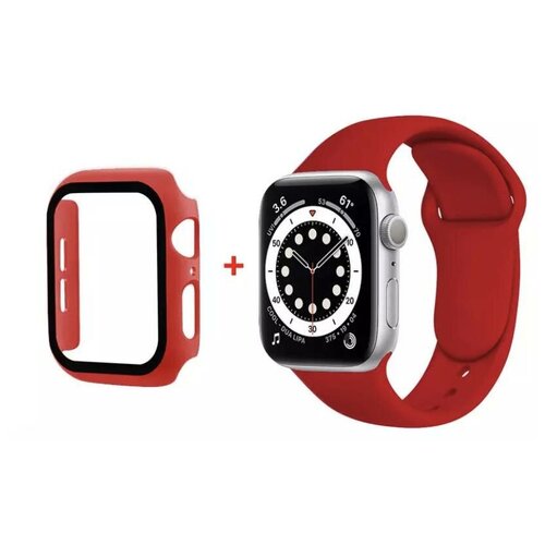 фото Чехол для apple watch 44mm со стеклом + силиконовый ремешок, красный pro-i-shop