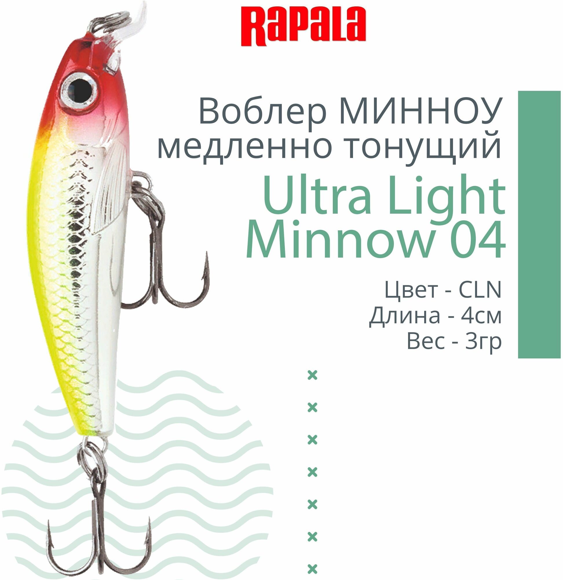 Воблер для рыбалки RAPALA Ultra Light Minnow 04, 4см, 3гр, цвет CLN, медленно тонущий