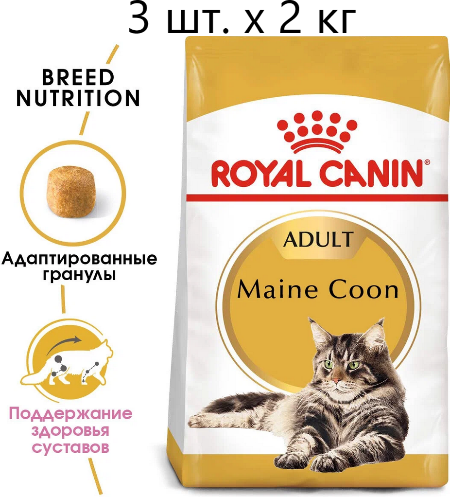 Сухой корм для кошек Royal Canin Maine Coon Adult, для взрослых кошек породы мейн-кун, старше 15 месяцев, 3 шт. х 2 кг