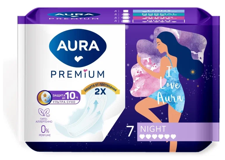 AURA Premium Night Прокладки гигиенические ночные 6 капель 320 мм 7 шт