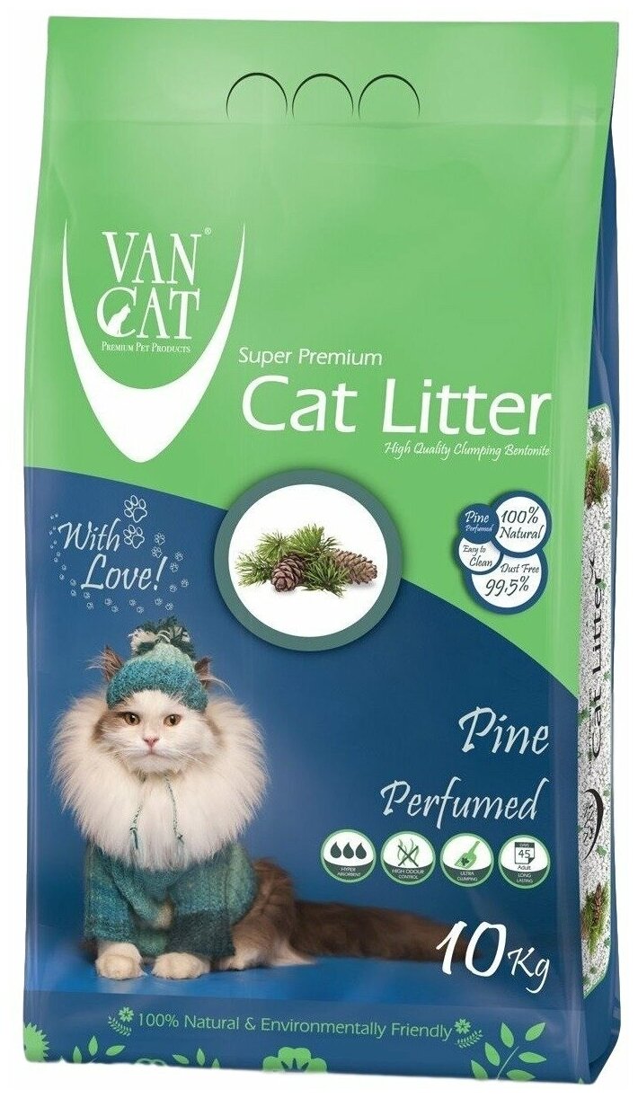 Van Cat Комкующийся наполнитель без пыли с ароматом Соснового леса, пакет (Pine), 10 кг - фотография № 1