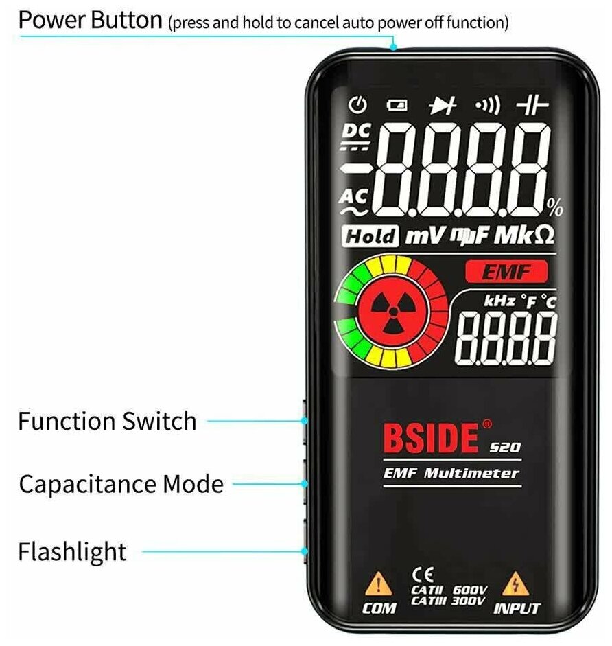 Мультиметр цифровой BSIDE S20, 064-0003, с цветным дисплеем и встроенным аккумулятором