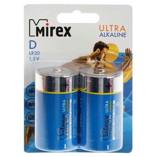 Батарейка алкалиновая Mirex, D, LR20-2BL, 1.5В, блистер, 2 шт. батарея duracell lr20 2bl plus