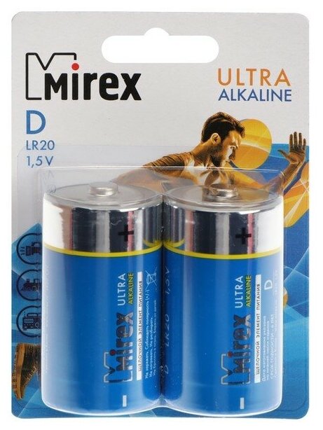 Батарейка алкалиновая Mirex, D, LR20-2BL, 1.5В, блистер, 2 шт.
