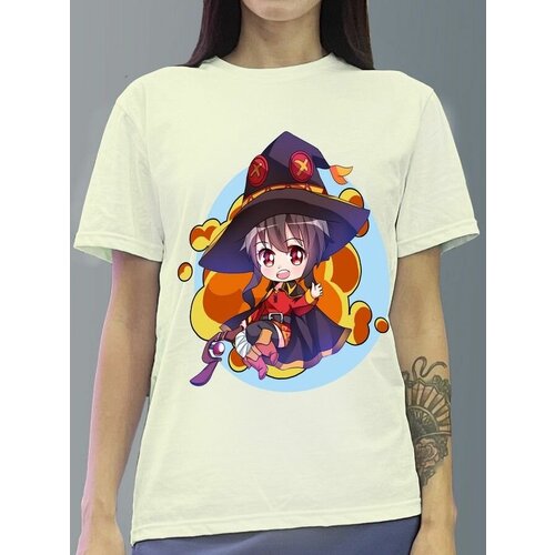 фото Футболка женская белая молочный оттенок из хлопка с dtf рисунком аниме да будет благословенен этот прекрасный мир! - 1077 будь на стиле