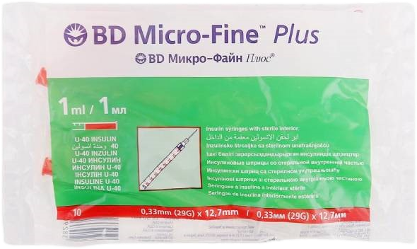 Шприц инсулиновый BD Micro-Fine Plus 1мл/U-40 29G (0,33мм x 12,7мм) 10 шт