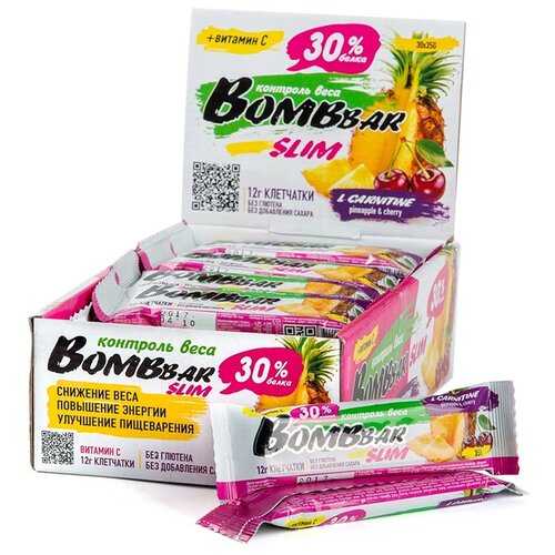 Bombbar, Протеиновый батончик Slim + Vitamin C (35 г)(30 шт.) (ананас-вишня) vplab l карнитин концентрат 1000 мл вишня черника
