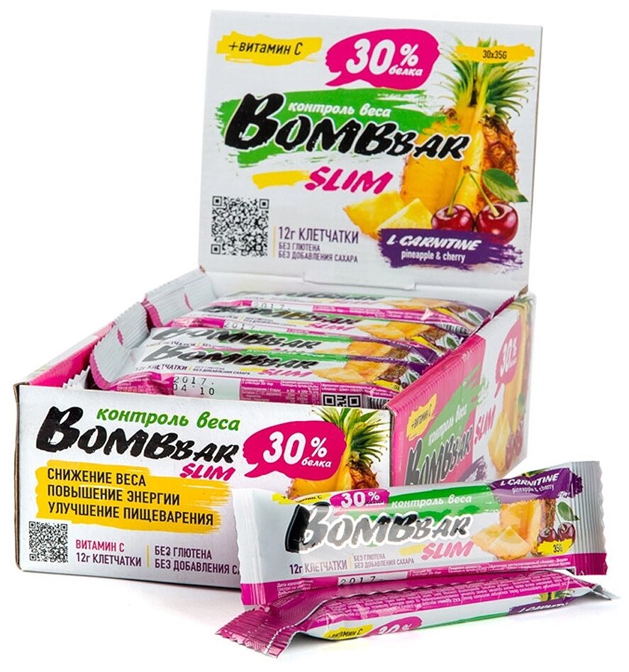 Bombbar, Протеиновый батончик Slim + Vitamin C (35 г)(30 шт.) (ананас-вишня)