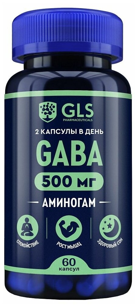 Гамма-аминомасляная кисолота гамк, габа, GABA, с глицином, магнием и витамином В6, 400 мг, 60 капсул, GLS Pharmaceuticals