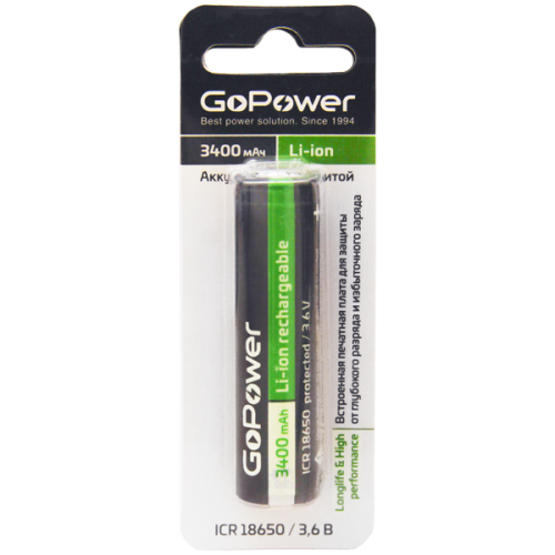 ABC Аккумулятор GoPower NCR 18650 00-00015350, 3.6В 3400мАч Li-Ion, защита от разряда (1шт./уп.) (ret) abc батарейка gopower lithium cr1620 00 00023146 3 0в cr1620 1шт уп ret
