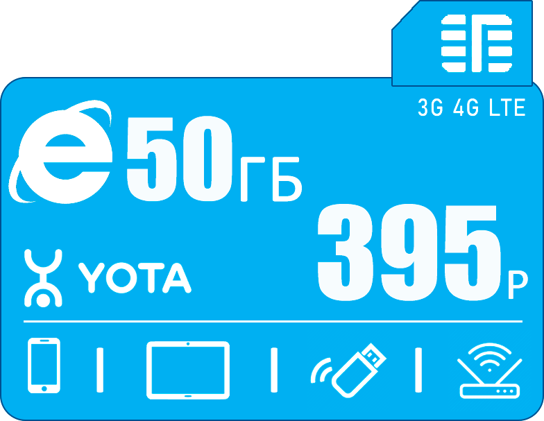 Сим карта Yota с интернетом и раздачей по России 50ГБ / 395р/мес