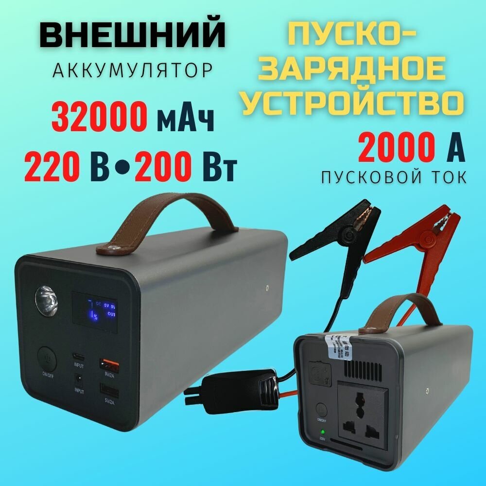 Пусковое зарядное устройство для автомобиля Бустер GKFLY 2000А (Jump Starter) 32 000 мАч - 200 Вт