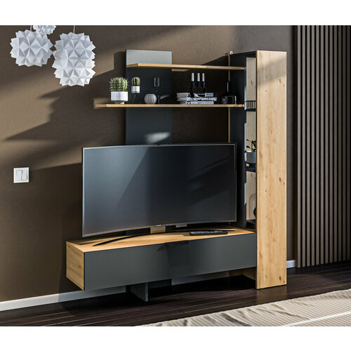 Стенка для гостиной столплит Лофт СБ-3411 узкая ЛДСП Дуб дикийДиамант серый 143х33х158 см 9930₽