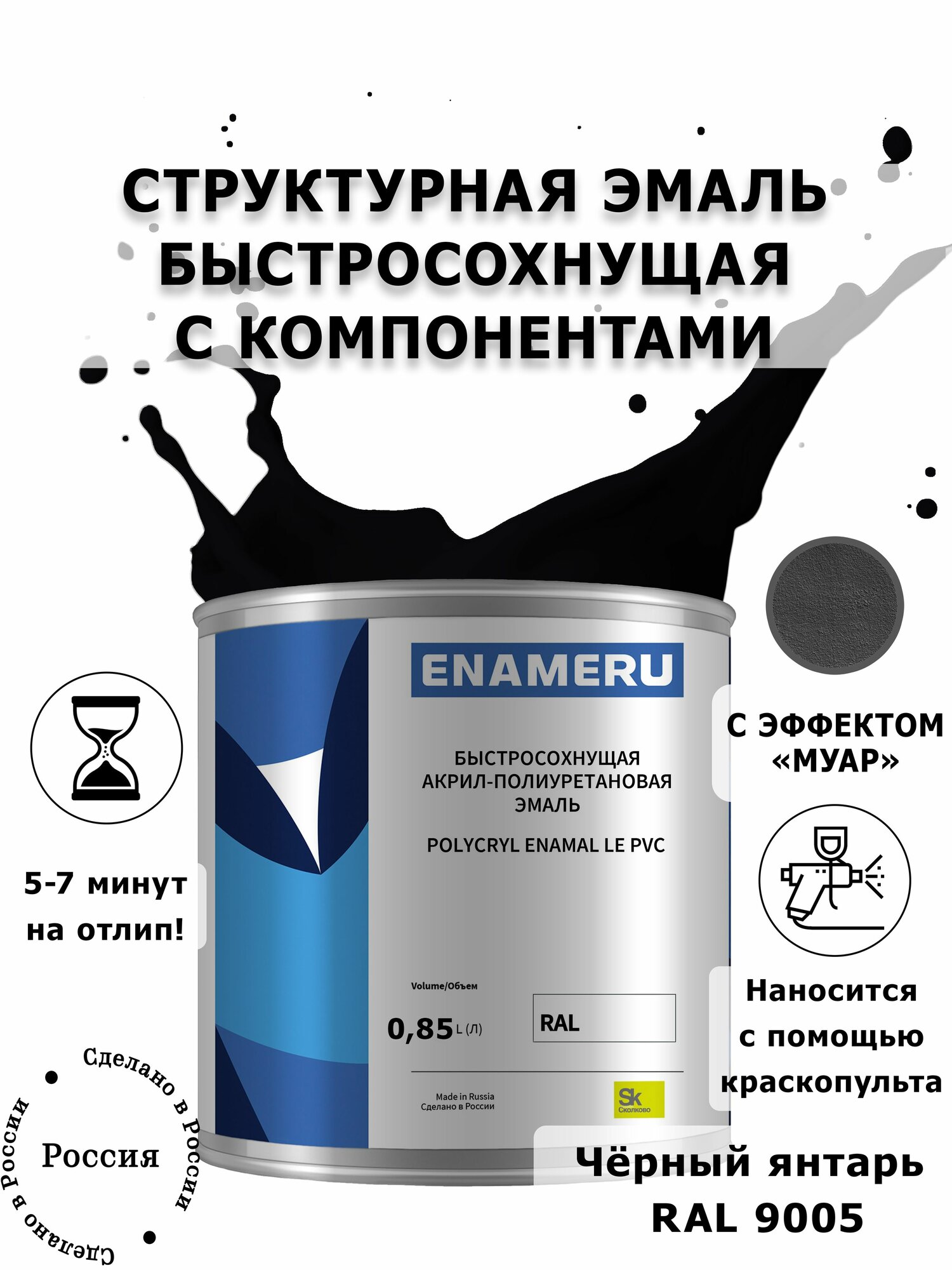 Структурная Эмаль для ПВХ и Пластика Энамеру, Акрил-полиуретановая, Шелковисто-матовое покрытие, Глубокий черный RAL 9005, 1.35л готовой смеси