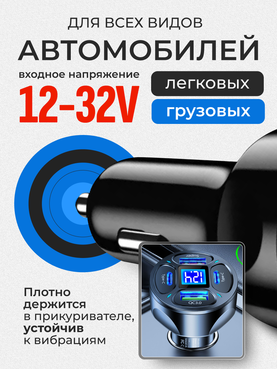Автомобильное зарядное устройство для телефона Alisafox с вольтметром быстрой зарядкой в прикуриватель 2USB + 2Type-c — фото 1