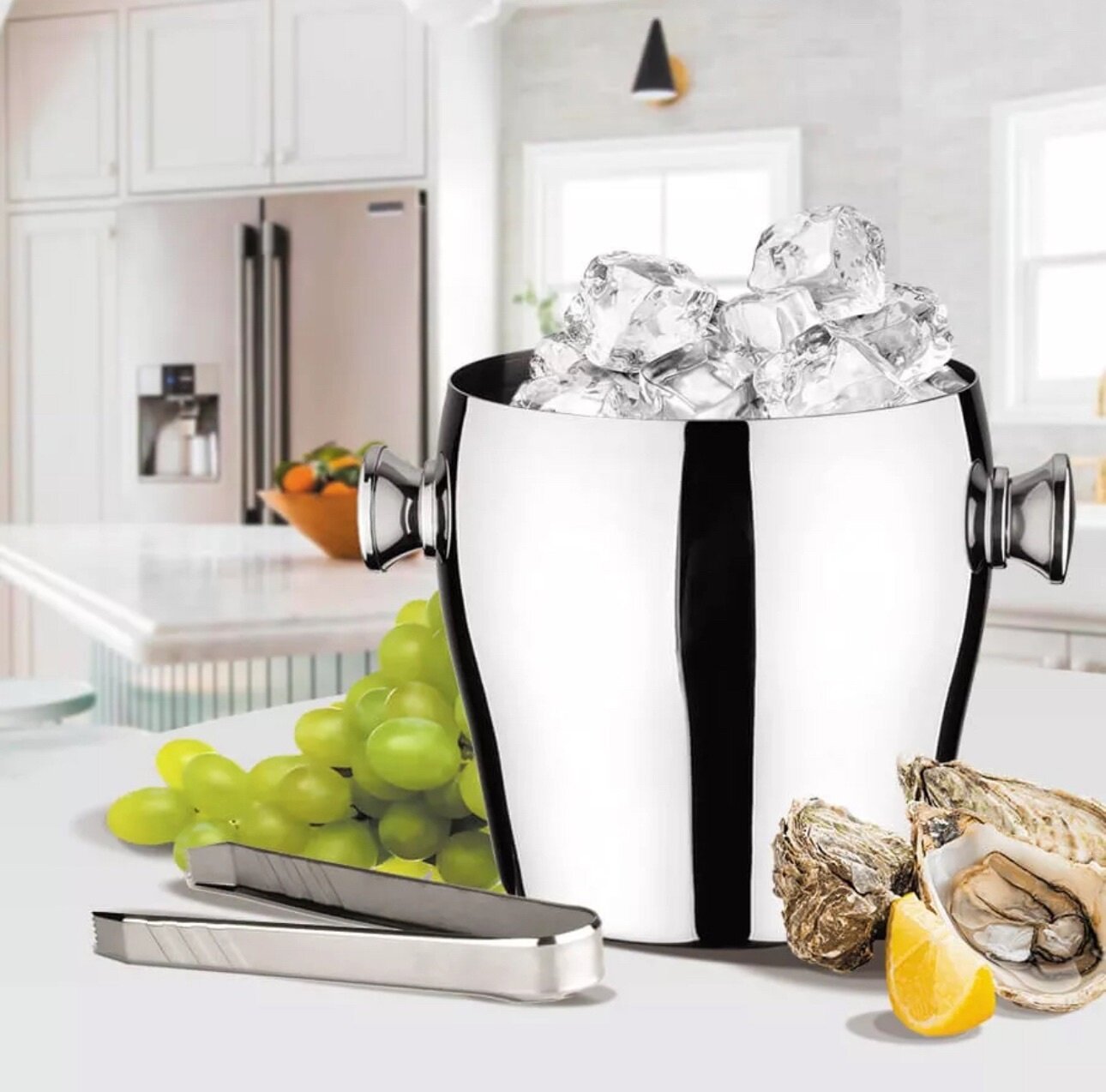 Ведерко для льда "Maestro", 2 литра, с щипцами, серебристое, с ручками