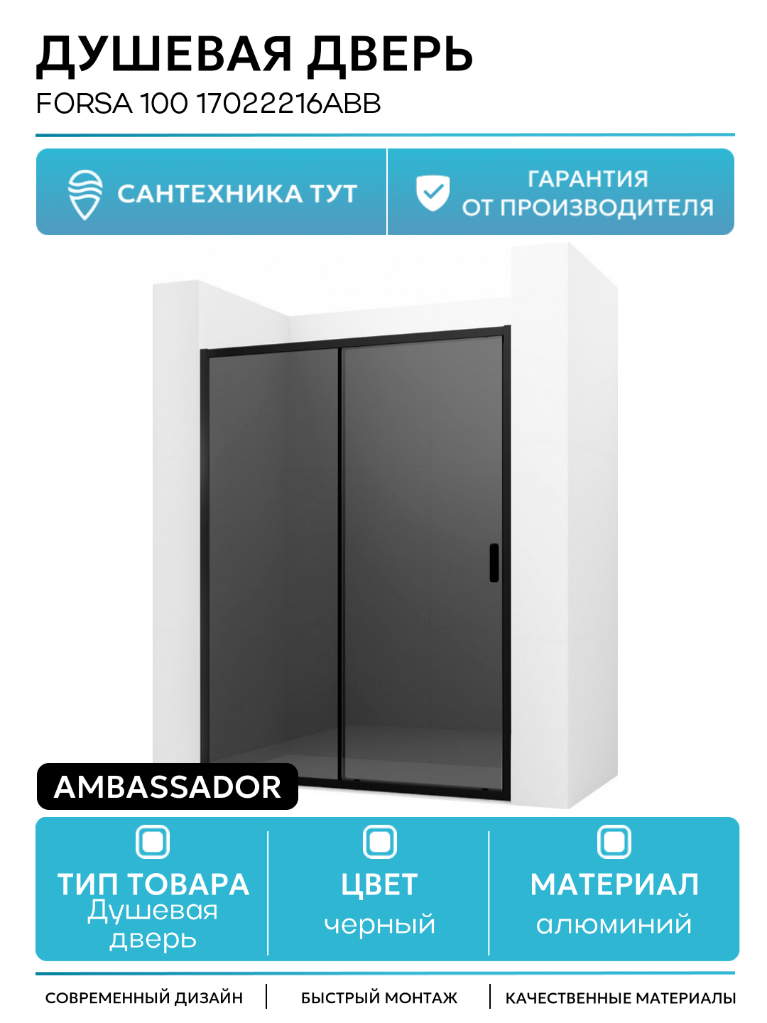 Душевая дверь Ambassador Forsa 100 17022216ABB профиль Черный стекло тонированное алюминий черный Германия
