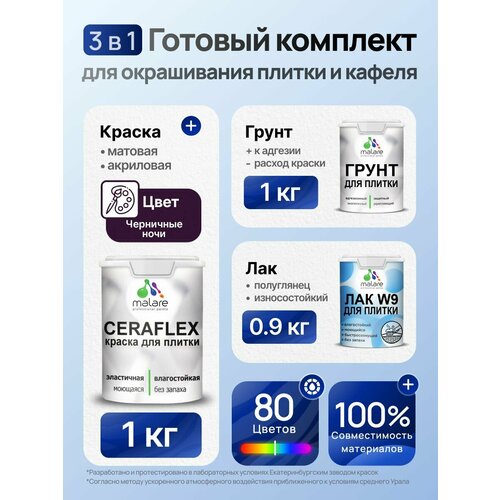 фото Комплект malare для окрашивания плитки и кафеля (1кг грунт + 1кг краска + 0,9кг лак), без запаха, полуглянцевый, цвет черничные ночи