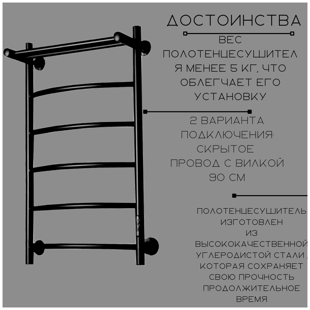 Полотенцесушитель электрический чёрный Монако 80 на 50 с полкой таймер, скрытое, универсальное подключение - фотография № 2