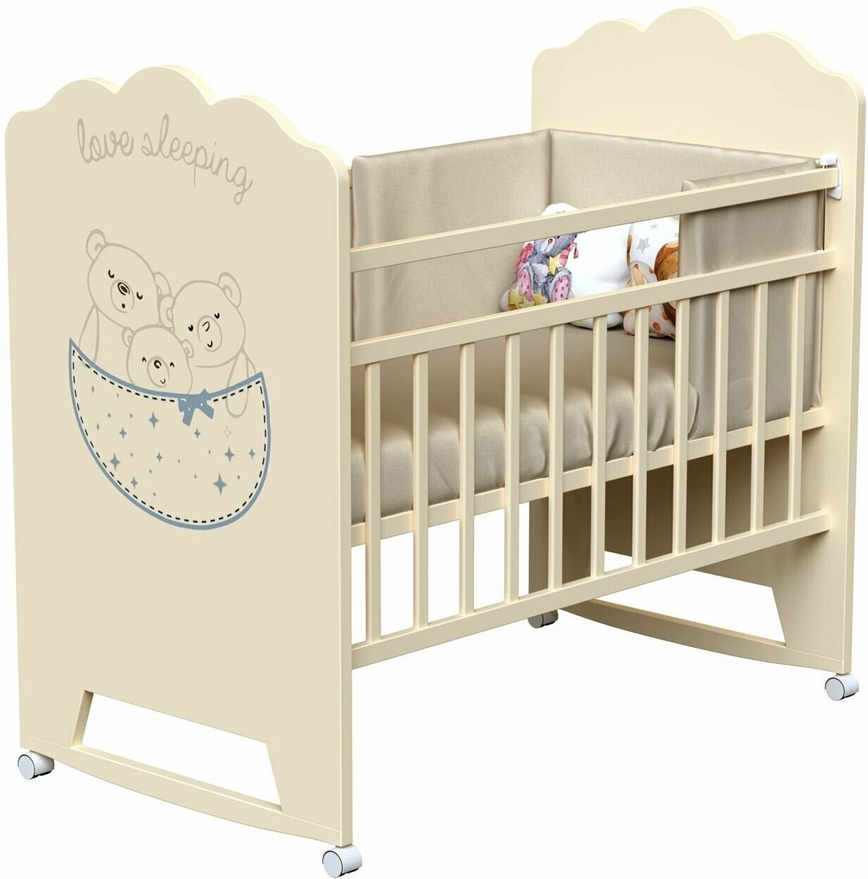 Кроватка детская для новорожденных ВДК Love Sleeping, колесо-качалка, массив березы, слоновая кость