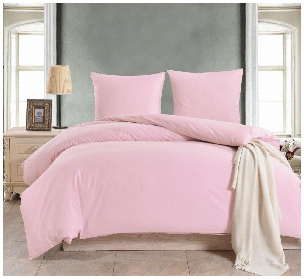 Евро постельное белье сатин однотонное светло розовое