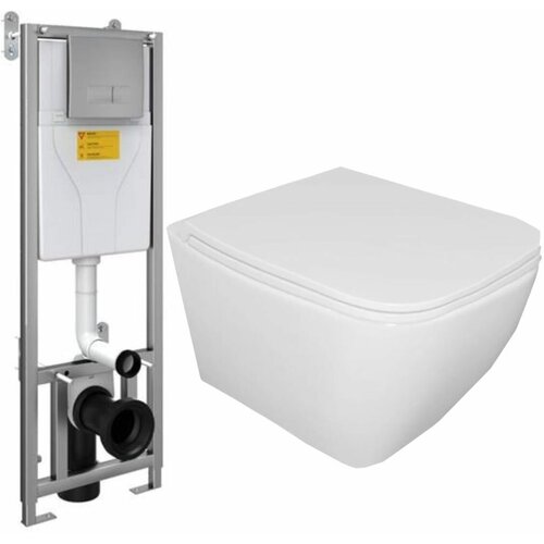 Готовый набор подвесного унитаза: инсталляция Sanica SAN85+P04 CHROME + унитаз подвесной, безободковый Bahenberg Melle В20-08