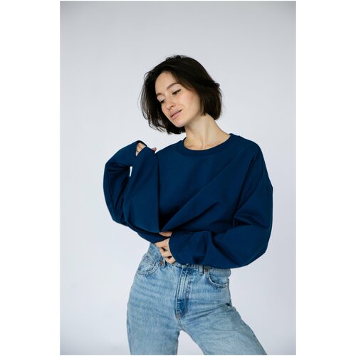 Лонгслив оверсайз, хлопок, футер, однотонный, трикотаж, размер 40-52, голубой, синий