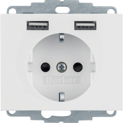 48037009, Berker, Розетка SCHUKO и 2 USB-розетки для подзарядки Berker, K.1, цвет: полярная белизна.