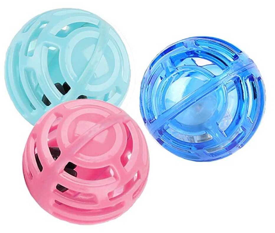 Игрушка шарик, погремушка, подсветка, 3 шт, диаметр 5 см, синий, голубой, розовый, 20х6х5 см, Pets & Friends PF-SETBALL-02 - фотография № 1