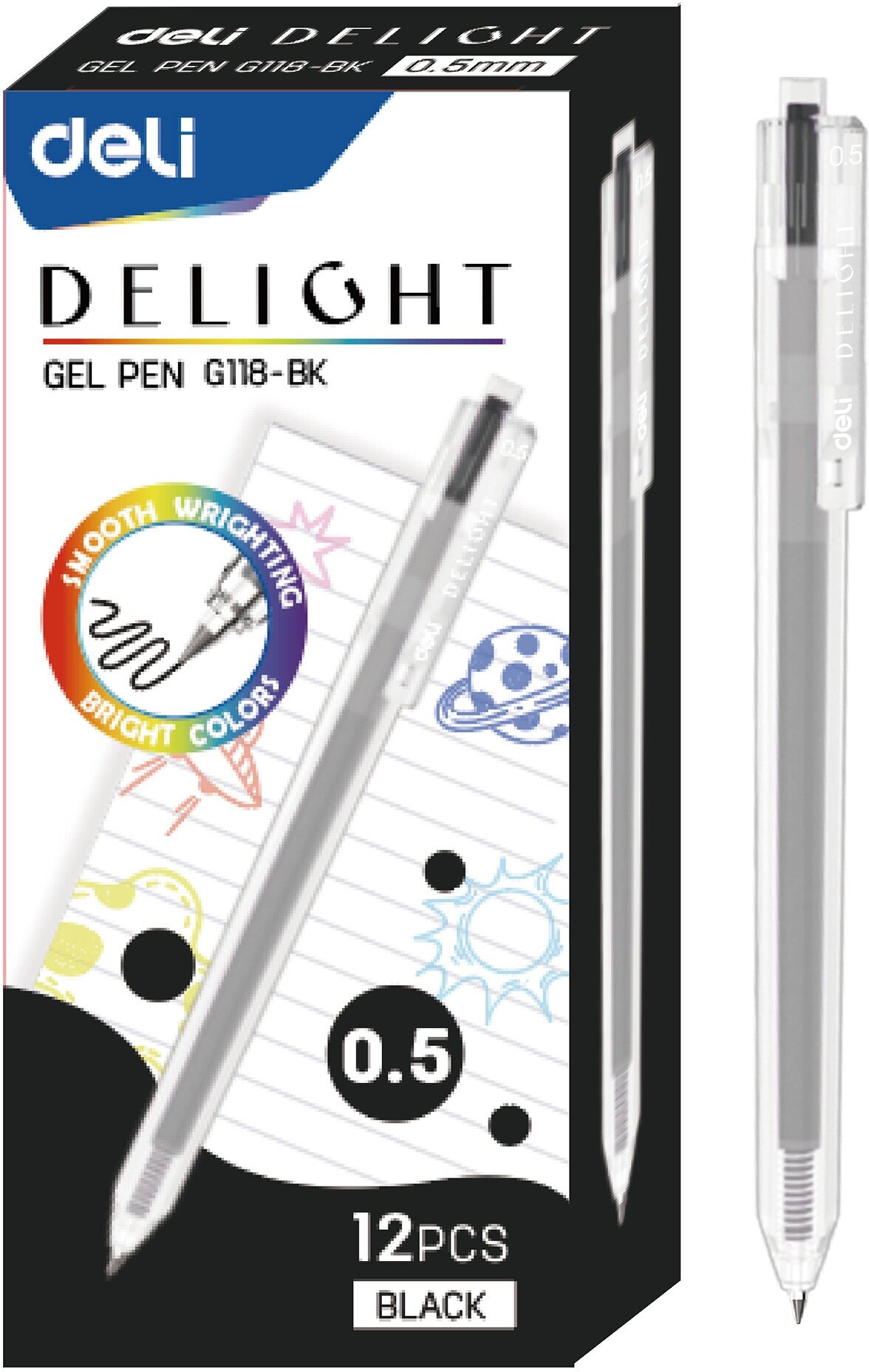 Ручка Deli гелев. Delight прозрачный черн. черн. линия 0.5мм