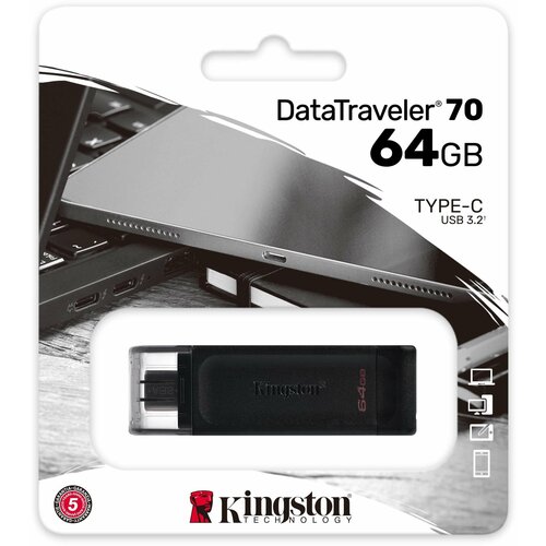 USB Flash KINGSTON DataTraveler 70 Type-C, 64 Гб, черный [DT70/64GB]