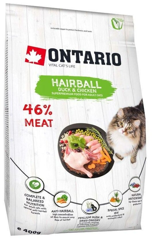 Корм Ontario Hairball для вывода шерсти из желудка, для кошек, с уткой и курицей, 2 кг - фотография № 9